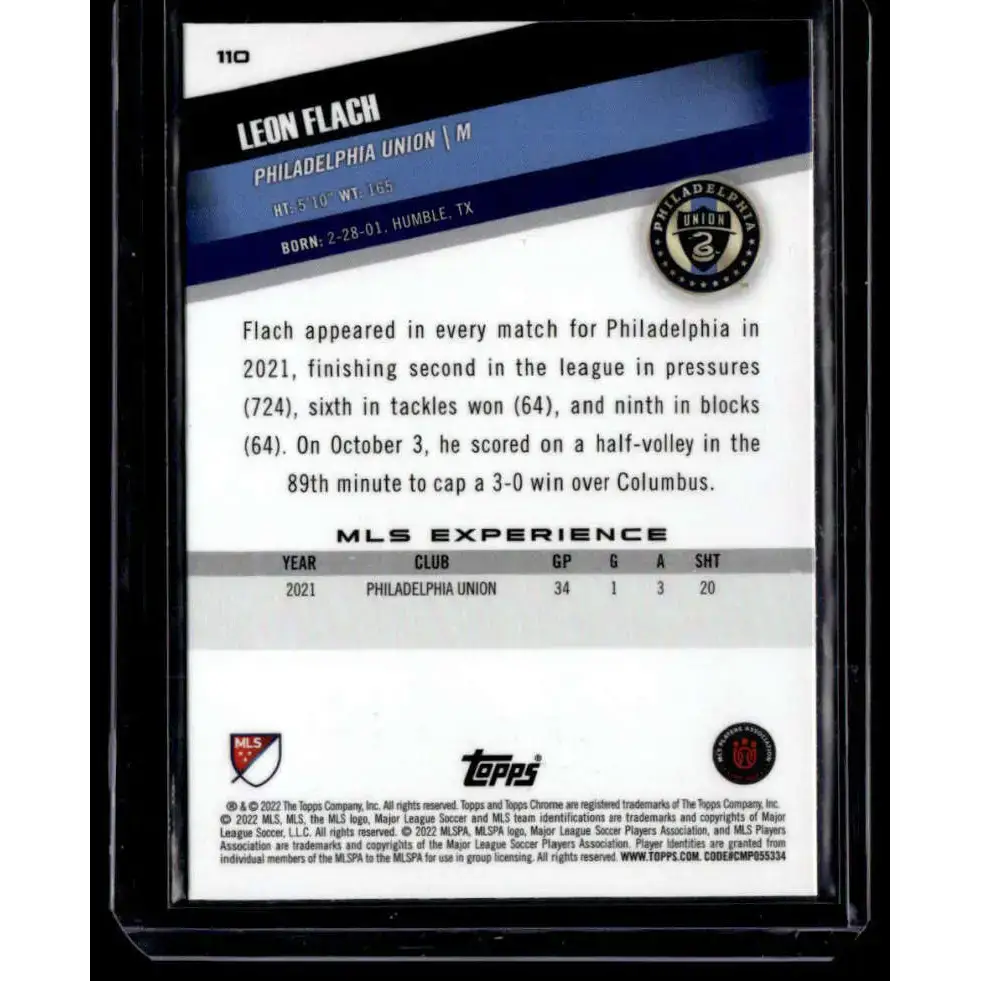 2022 Topps MLS Chrome #110 Leon Flach NM-MT RC Rookie Philadelphia Union Soccer Card - Soccer Card Single