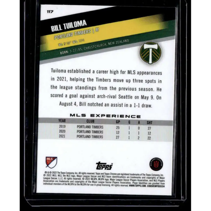 2022 Topps MLS Chrome #117 Bill Tuiloma NM-MT Portland Timbers Soccer Card - Soccer Card Single
