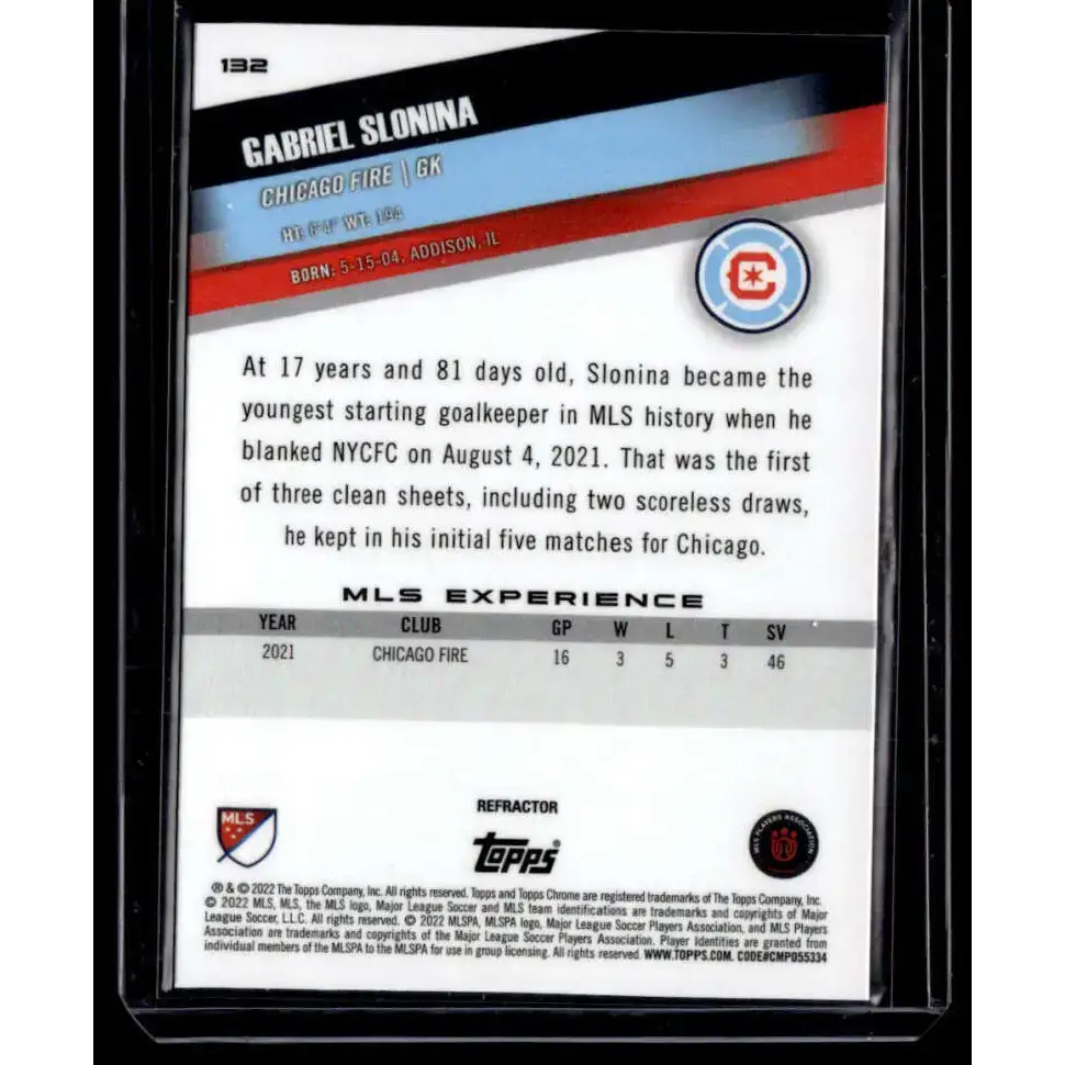 2022 Topps MLS Chrome #132 Gabriel Slonina NM-MT Chicago Fire Soccer Card - Soccer Card Single