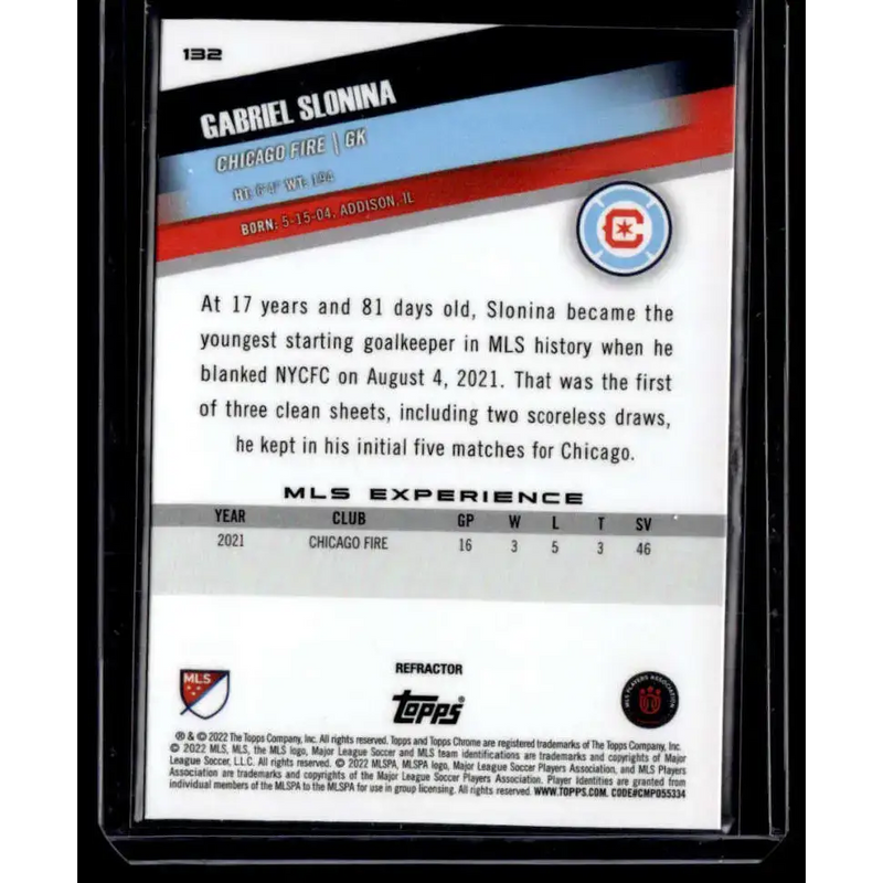 2022 Topps MLS Chrome #132 Gabriel Slonina NM-MT Chicago Fire Soccer Card - Soccer Card Single