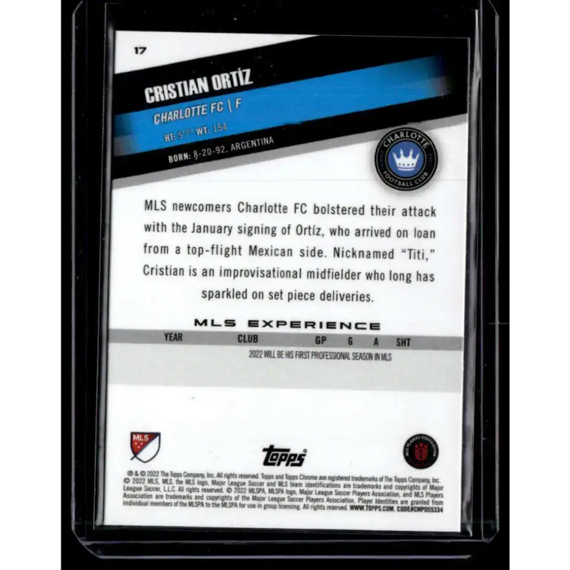 2022 Topps MLS Chrome #17 Cristian Ortiz NM-MT Charlotte FC Soccer Card - Soccer Card Single