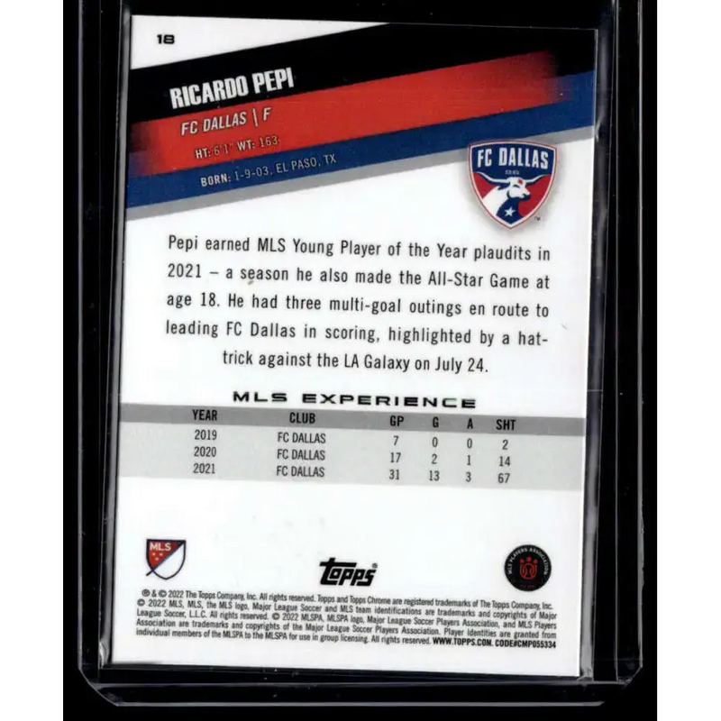 2022 Topps MLS Chrome #18 Ricardo Pepi NM-MT FC Dallas Soccer Card - Soccer Card Single