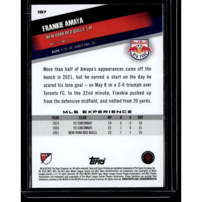 2022 Topps MLS Chrome #197 Frankie Amaya NM-MT New York Red Bulls Soccer Card - Soccer Card Single