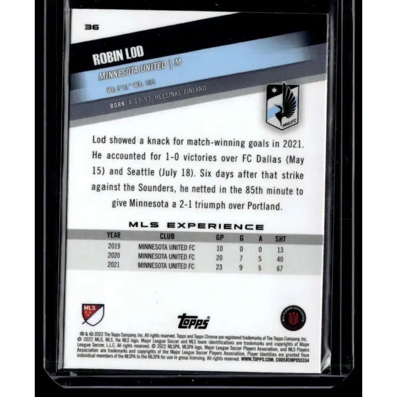 2022 Topps MLS Chrome #36 Robin Lod NM-MT Minnesota United Soccer Card - Soccer Card Single