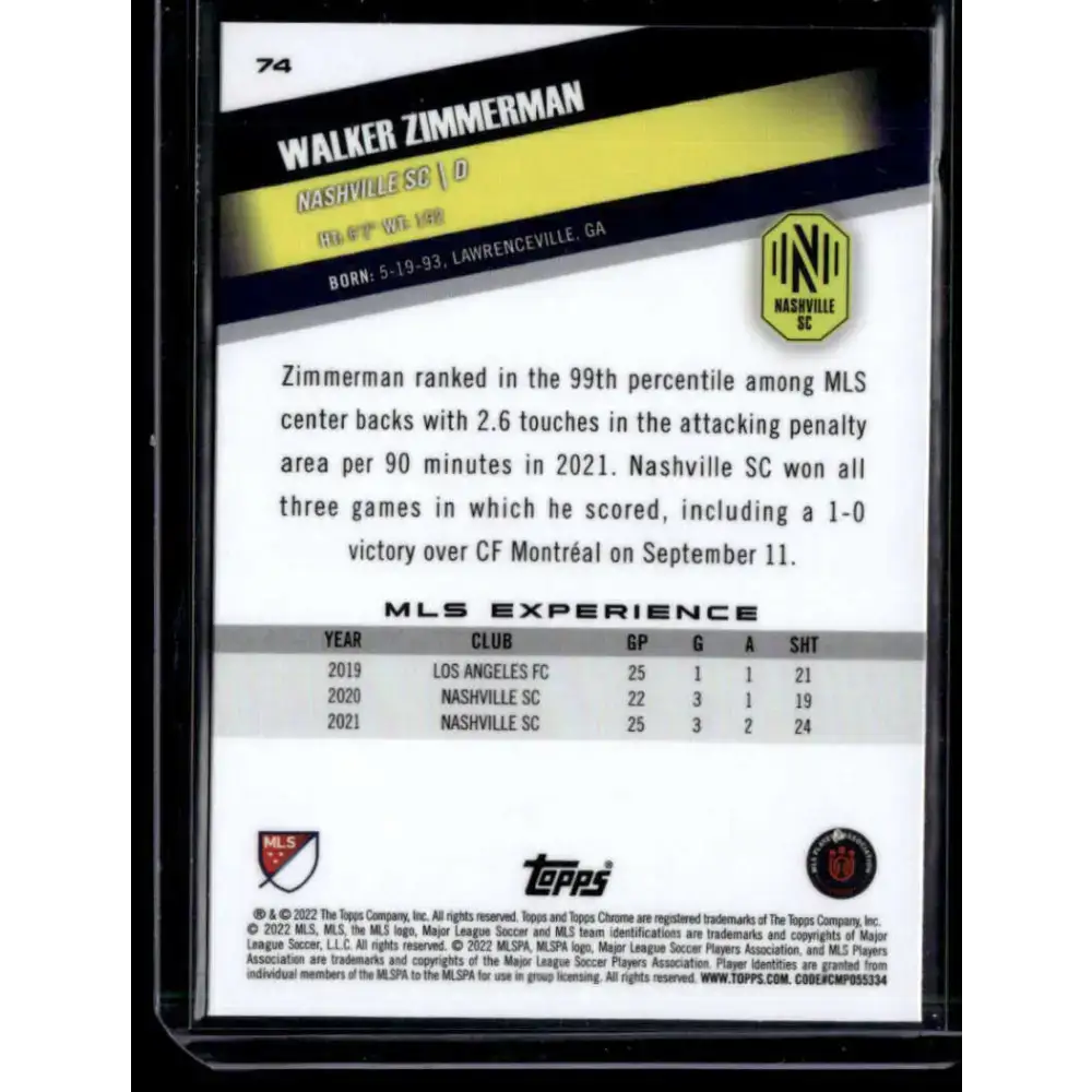 2022 Topps MLS Chrome #74 Walker Zimmerman NM-MT Nashville SC Soccer Card - Soccer Card Single