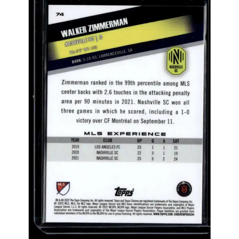 2022 Topps MLS Chrome #74 Walker Zimmerman NM-MT Nashville SC Soccer Card - Soccer Card Single