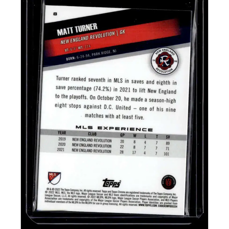2022 Topps MLS Chrome #8 Matt Turner NM-MT New England Revolution Soccer Card - Soccer Card Single