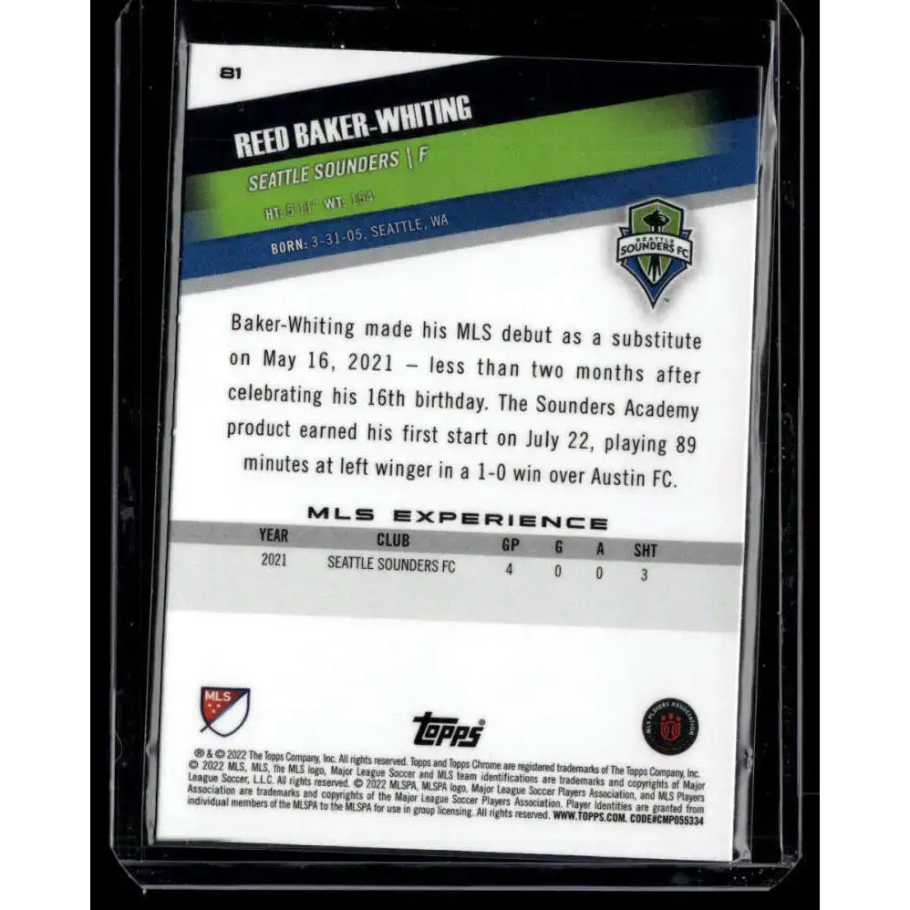 2022 Topps MLS Chrome #81 Reed Baker-Whiting NM-MT RC Rookie Seattle Sounders Soccer Card - Soccer Card Single