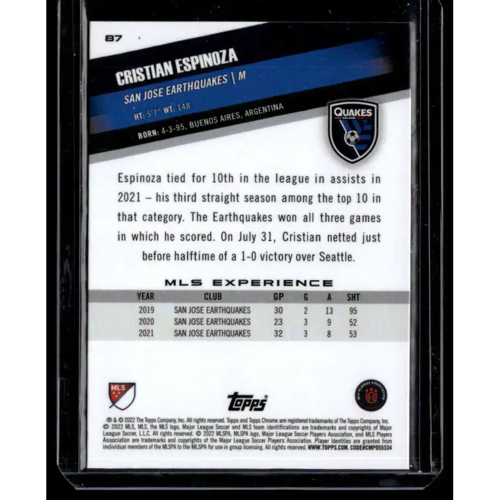 2022 Topps MLS Chrome #87 Cristian Espinoza NM-MT San Jose Earthquakes Soccer Card - Soccer Card Single
