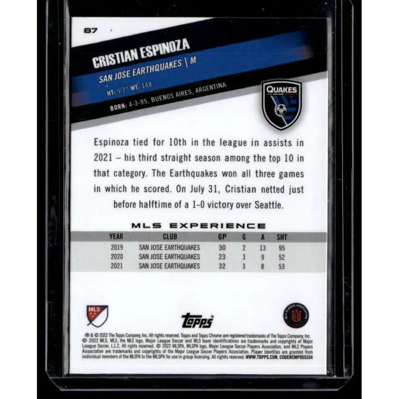 2022 Topps MLS Chrome #87 Cristian Espinoza NM-MT San Jose Earthquakes Soccer Card - Soccer Card Single