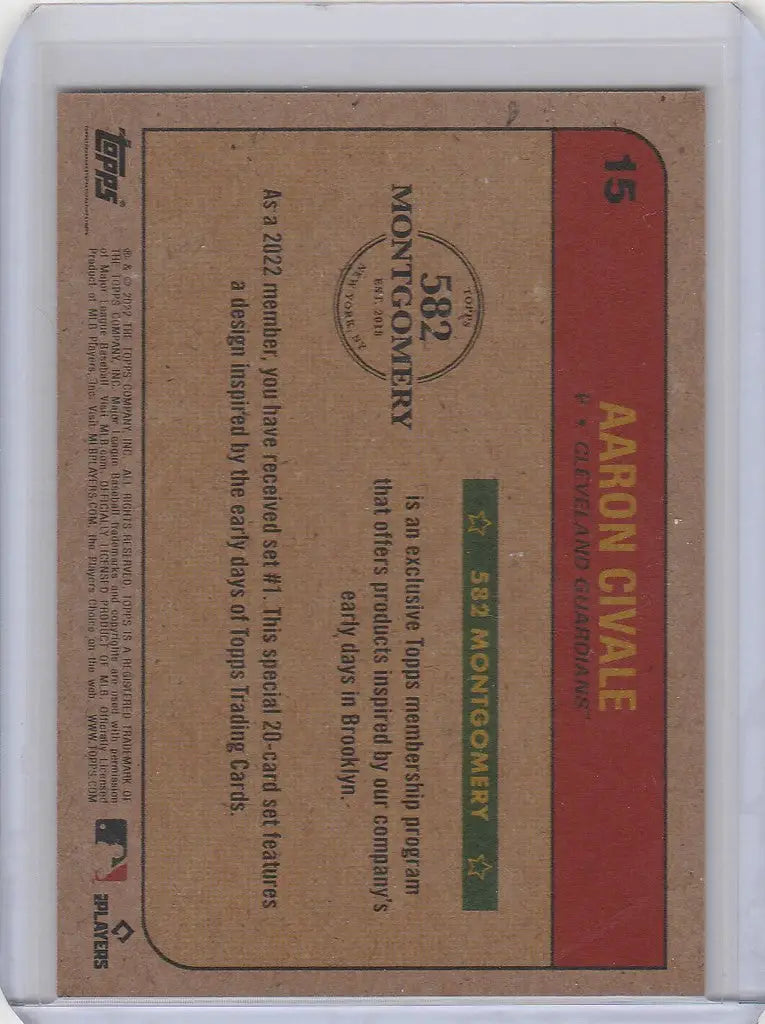 Vintage baseball card of Aaron Civale Cleveland from 2022 Topps Montgomery set