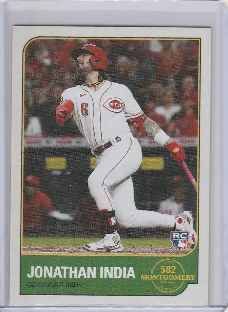 Baseball card of Jonathan India mid-swing for Cincinnati Reds, Topps Montgomery series