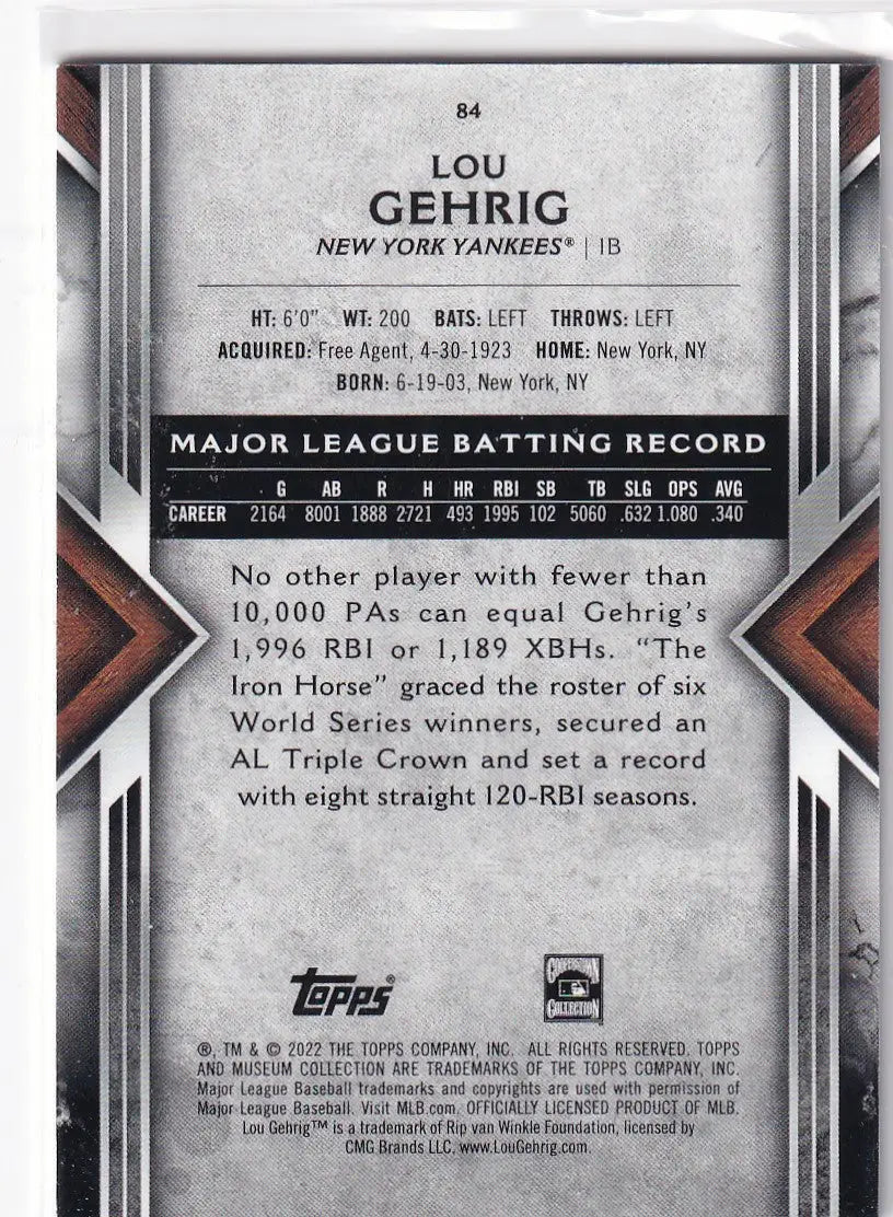 2022 TOPPS MUSEUM #84 LOU GEHRIG- NEW YORK YANKEES - Baseball Card Single