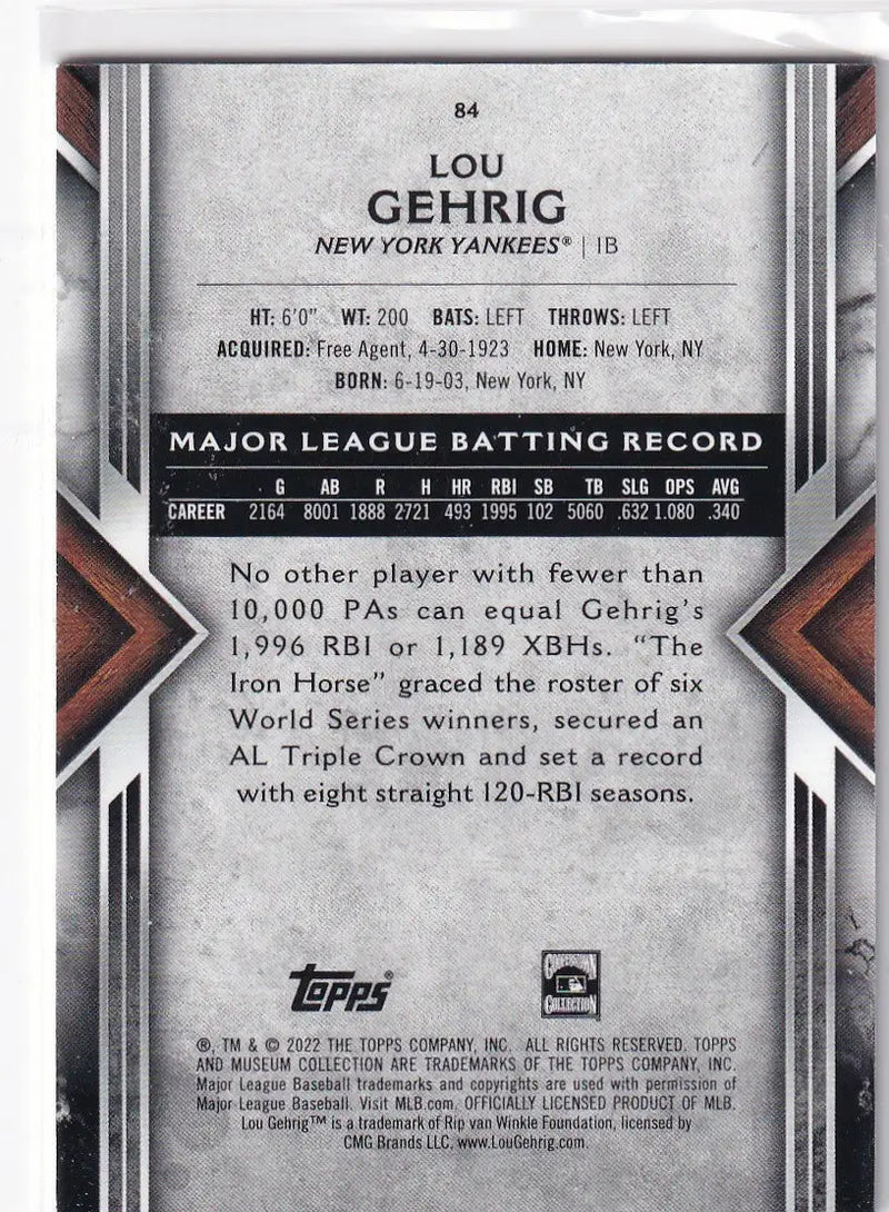 2022 TOPPS MUSEUM #84 LOU GEHRIG- NEW YORK YANKEES - Baseball Card Single