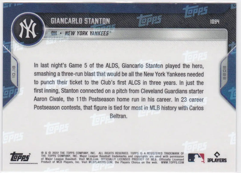 Baseball card back featuring Giancarlo Stanton of the New York Yankees for 2022 TOPPS NOW