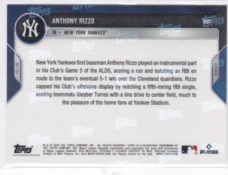 Anthony Rizzo baseball card back featuring New York Yankees details in 2022 TOPPS NOW #1097