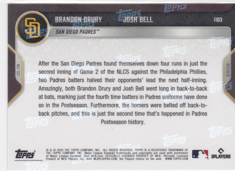 Baseball card back featuring San Diego Padres Brandon Drudy and Josh Bell in 2022 TOPPS NOW