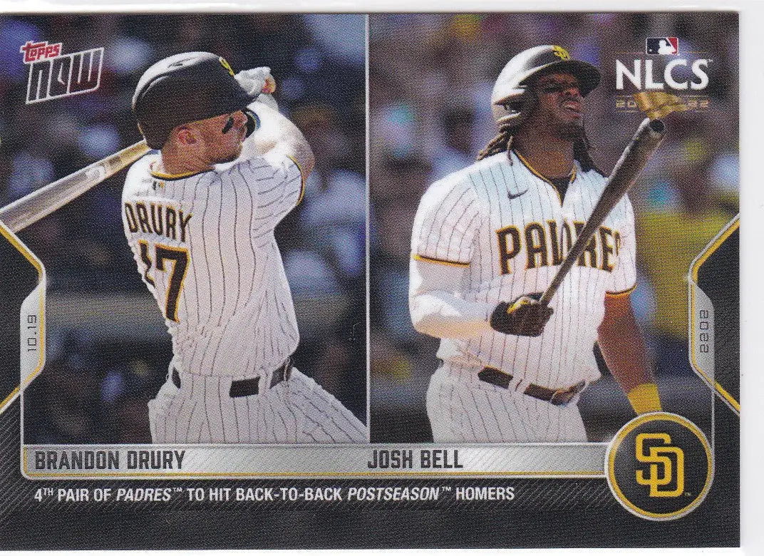 Baseball card showcasing Brandon Drury and Josh Bell of the San Diego Padres 2022 TOPPS NOW