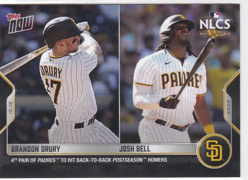 Baseball card showcasing Brandon Drury and Josh Bell of the San Diego Padres 2022 TOPPS NOW