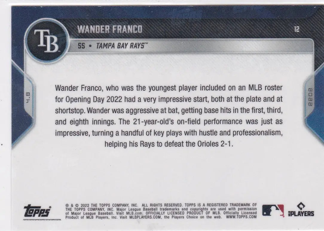 Wander Franco baseball card back featuring Tampa Bay Rays player and team details