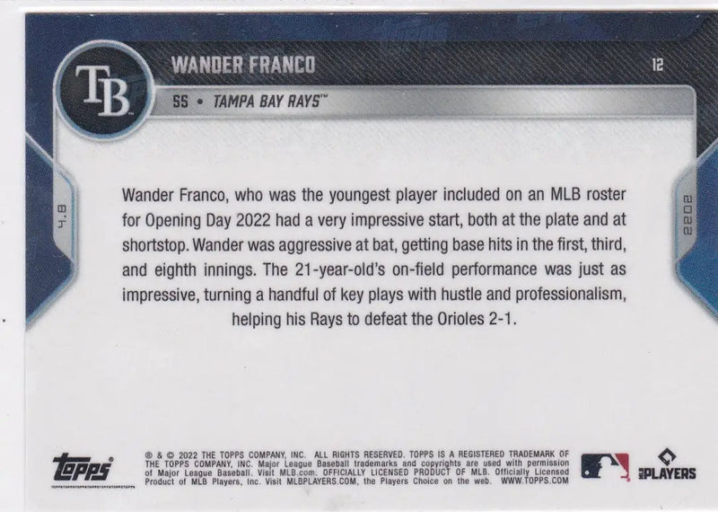 Wander Franco baseball card back featuring Tampa Bay Rays player and team details