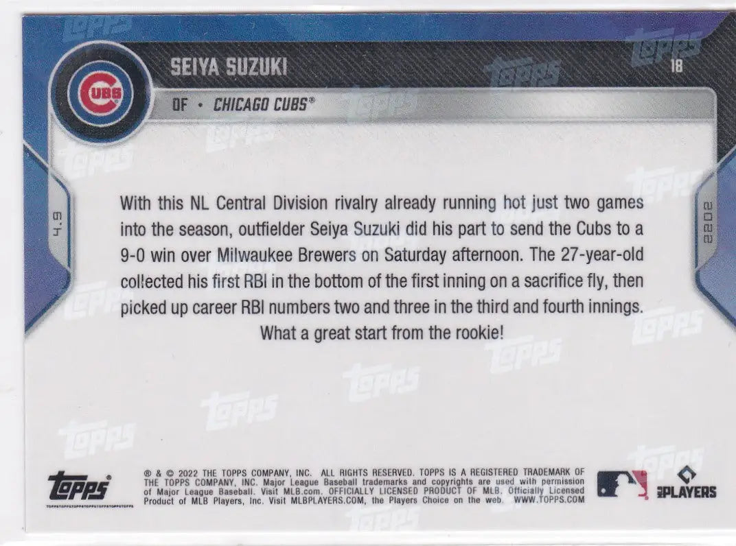 Seiya Suzuki Chicago Cubs baseball card from 2022 TOPPS NOW series