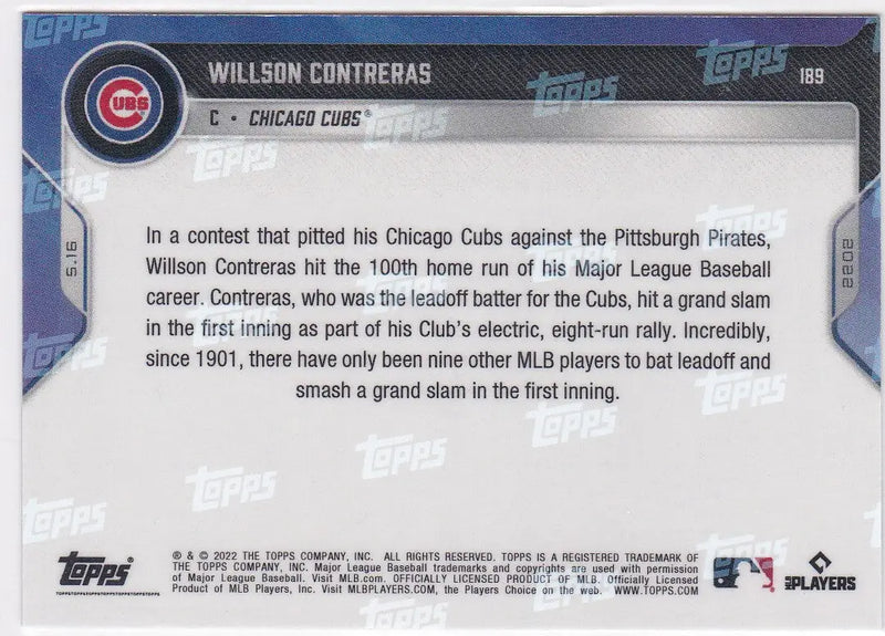 Baseball card back of Willson Contreras Chicago Cubs 2022 TOPPS NOW #189