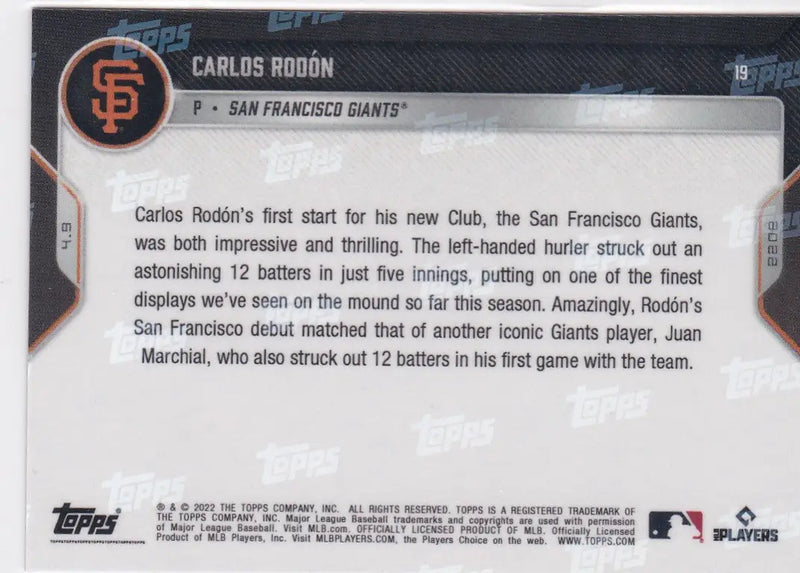 Back of Carlos Rodon baseball card from 2022 TOPPS NOW San Francisco Giants series