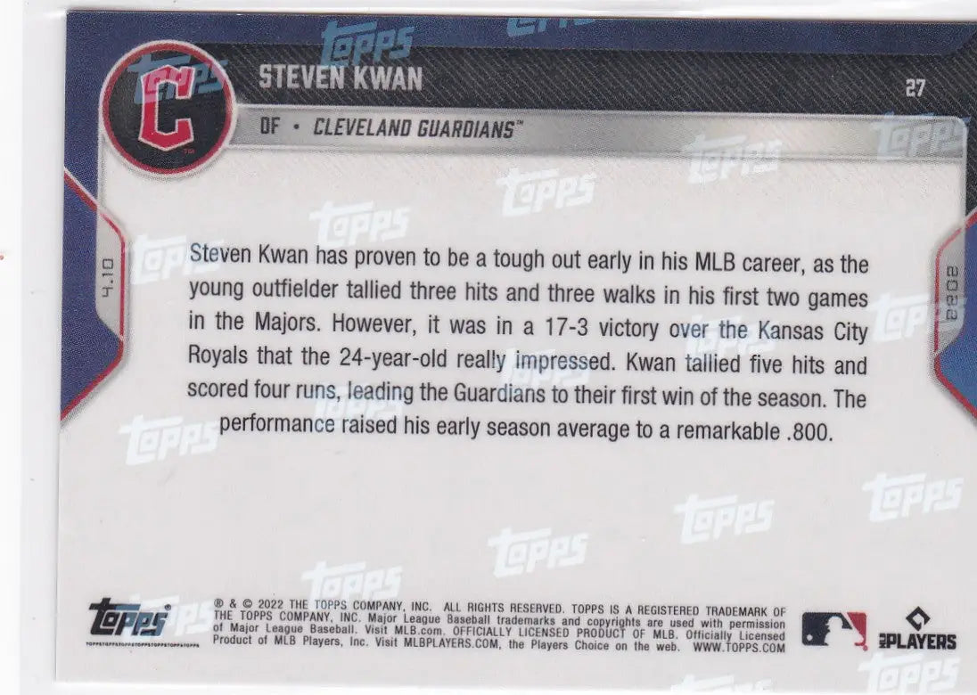 Baseball card of Steven Kwan Cleveland Guardians from 2022 TOPPS NOW series