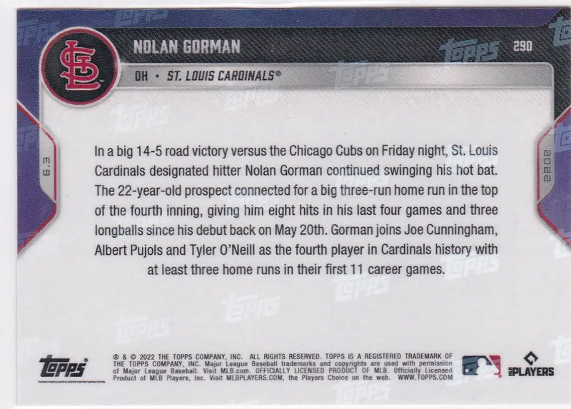 Baseball card back featuring Nolan Gorman of the St Louis Cardinals 2022 TOPPS NOW