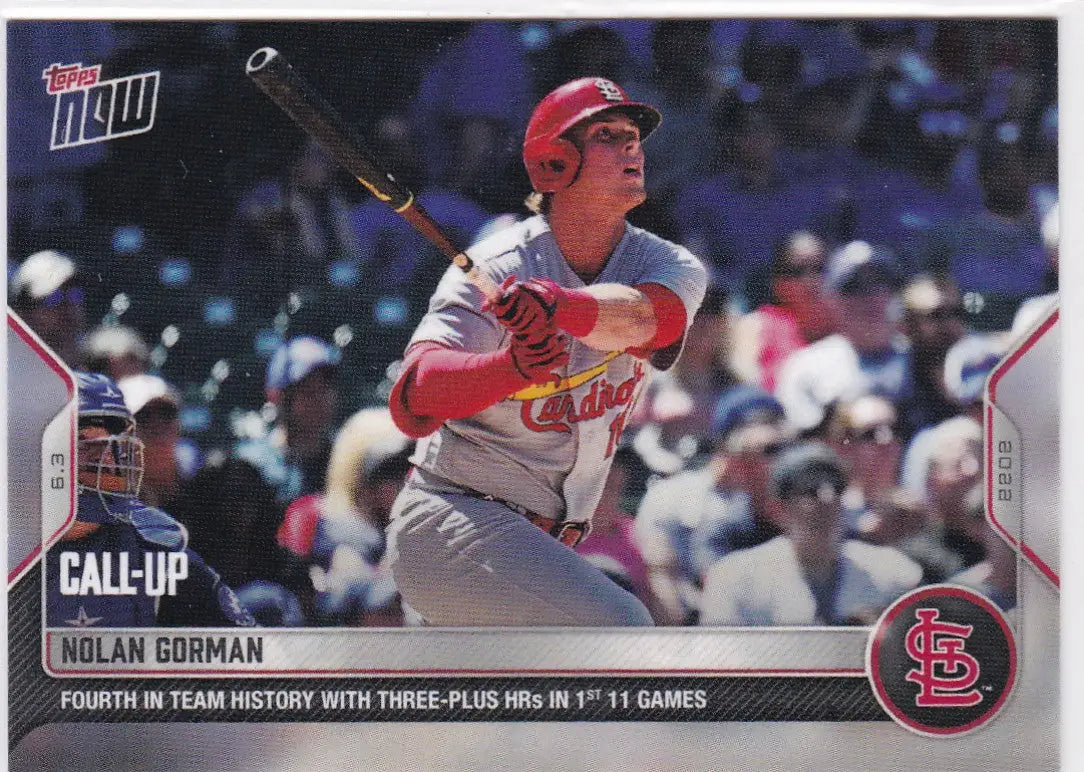 Nolan Gorman baseball card featuring Louis Cardinals player from 2022 TOPPS NOW set