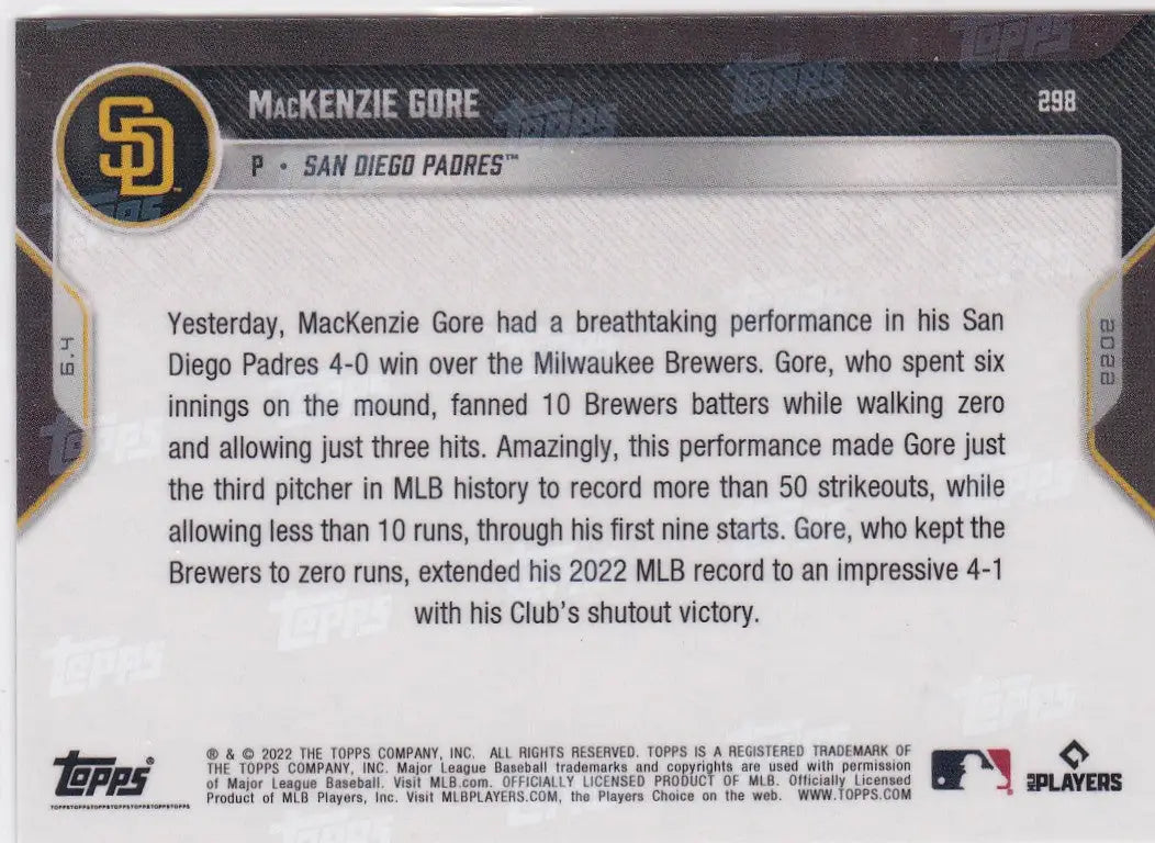 Back of 2022 TOPPS NOW Mackenzie Gore San Diego Padres baseball card showcasing player stats