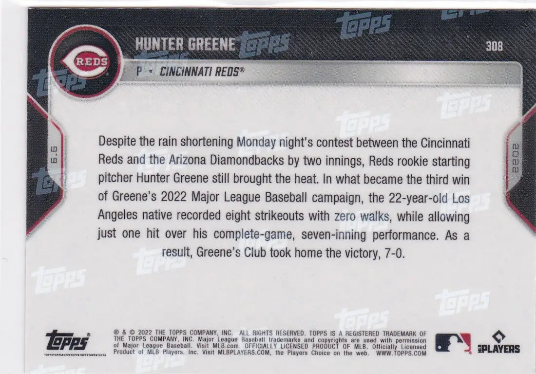 Hunter Greene Cincinnati Reds baseball card from 2022 TOPPS NOW #308