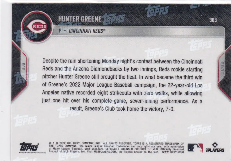 Hunter Greene Cincinnati Reds baseball card from 2022 TOPPS NOW #308