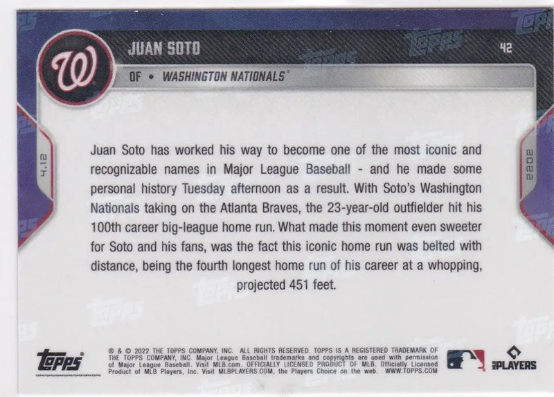 Back of 2022 TOPPS NOW Juan Soto Washington Nationals baseball card showing player stats