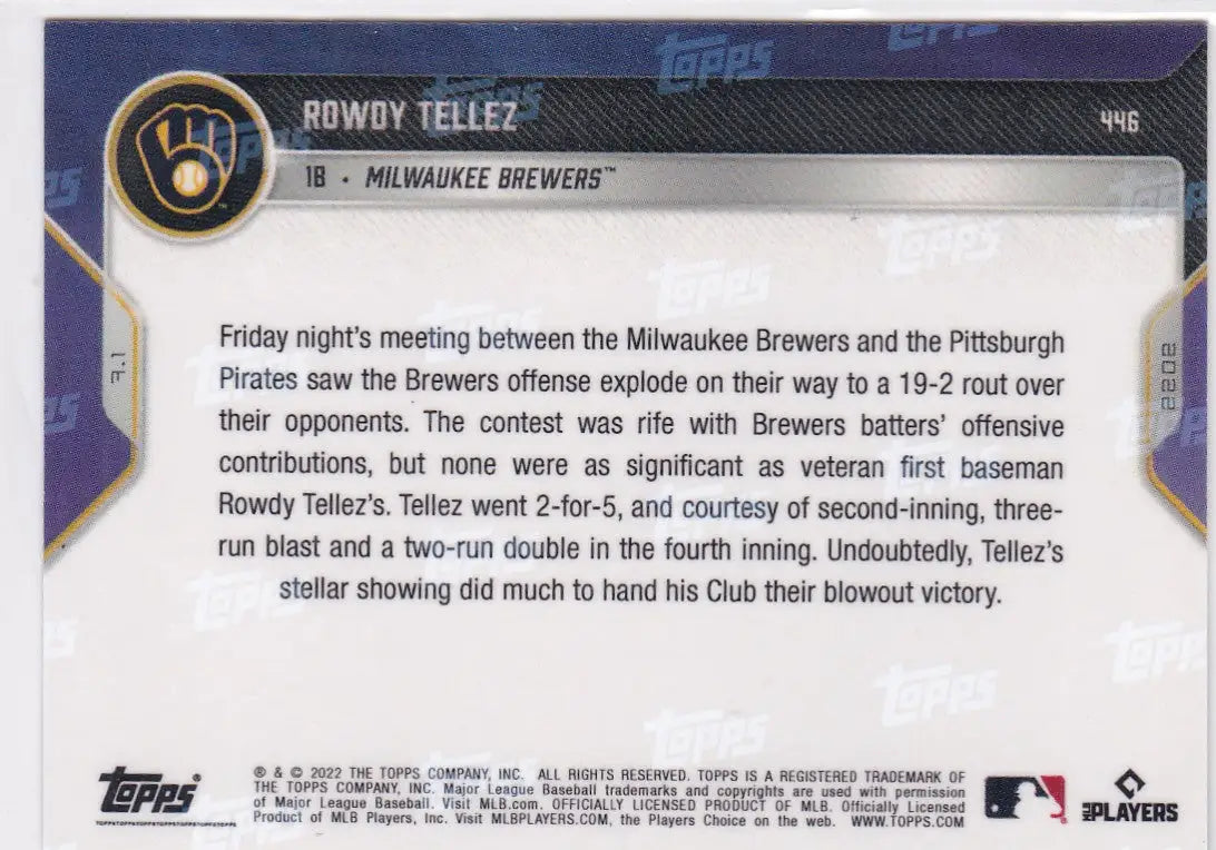 2022 TOPPS NOW Rowdy Tellez baseball card featuring Milwaukee Brewers player