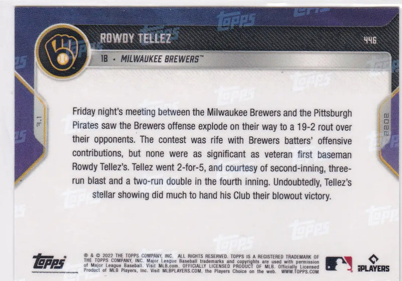 2022 TOPPS NOW Rowdy Tellez baseball card featuring Milwaukee Brewers player