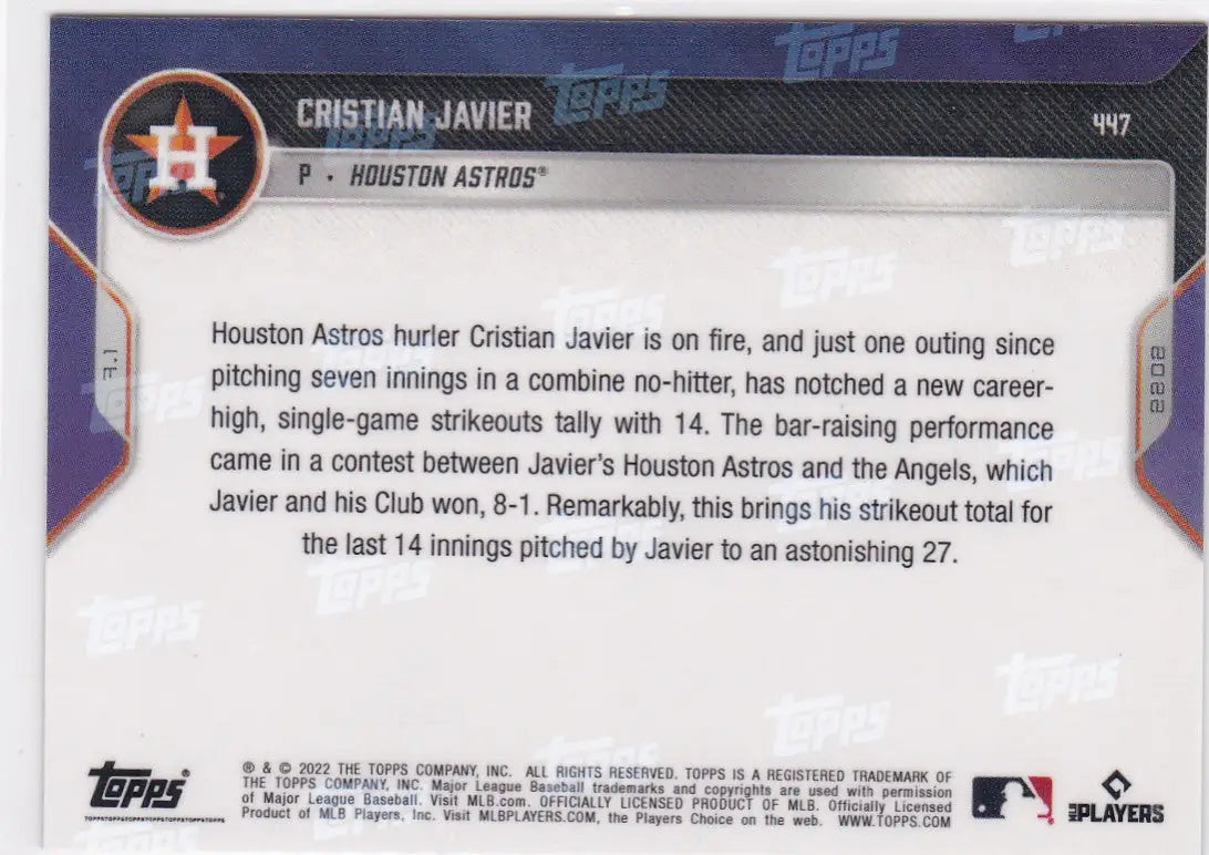 Cristian Javier baseball card from 2022 TOPPS NOW featuring Houston Astros player Javier- Houston Astros