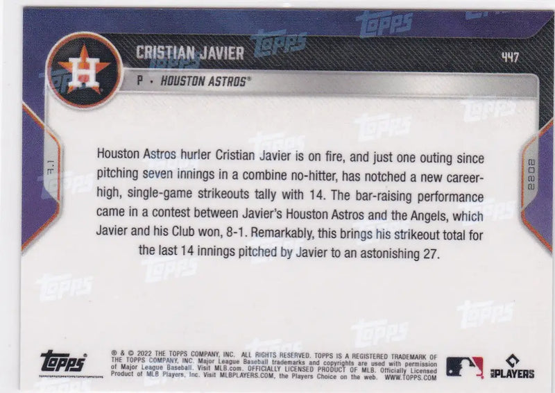 Cristian Javier baseball card from 2022 TOPPS NOW featuring Houston Astros player Javier- Houston Astros