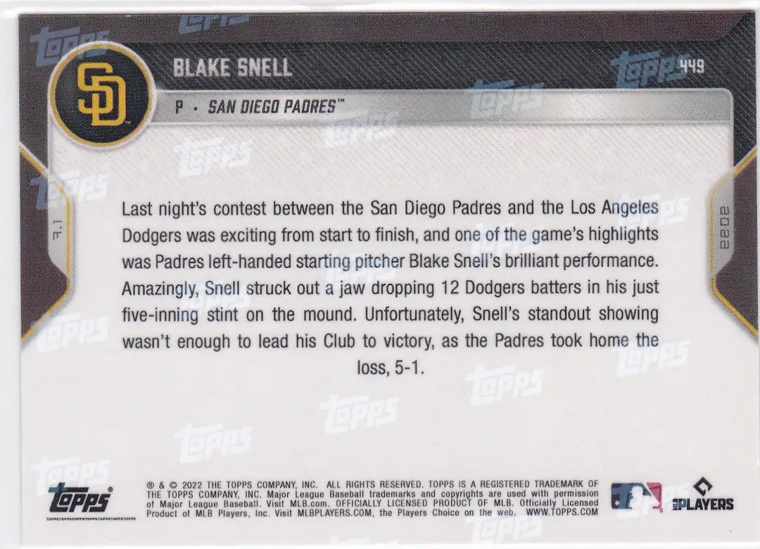 Blake Snell baseball card featuring San Diego Padres player from 2022 TOPPS NOW series