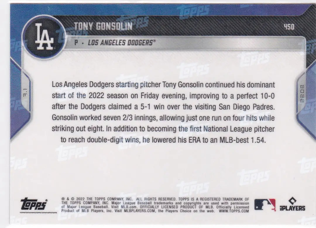 Back of Tony Gonsolin baseball card from 2022 TOPPS NOW Los Angeles Dodgers series
