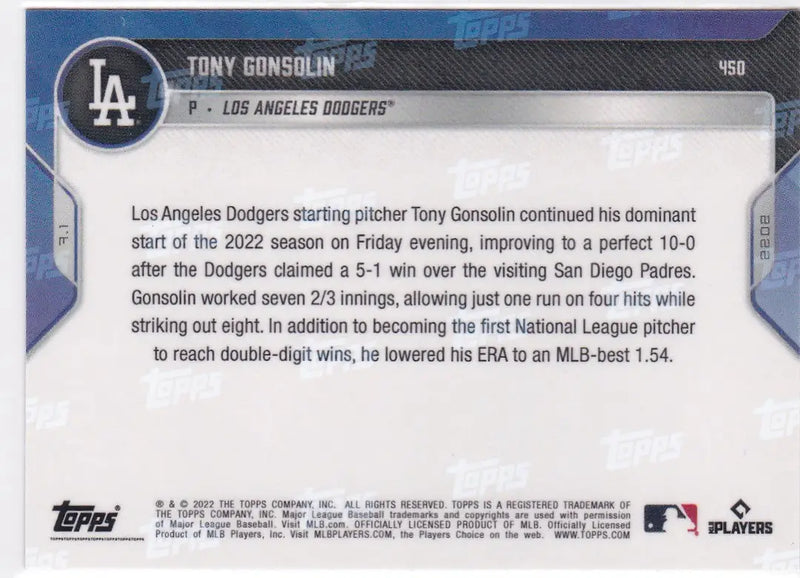 Back of Tony Gonsolin baseball card from 2022 TOPPS NOW Los Angeles Dodgers series