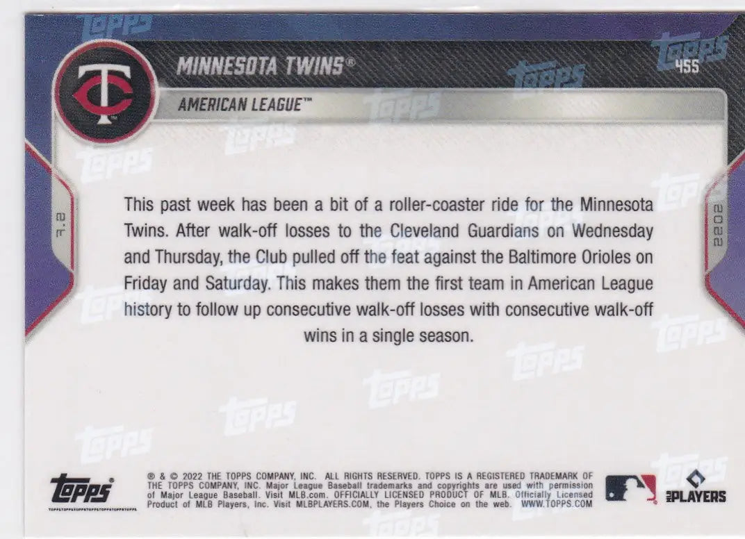 Baseball card back featuring Minnesota Twins player from 2022 TOPPS NOW #455