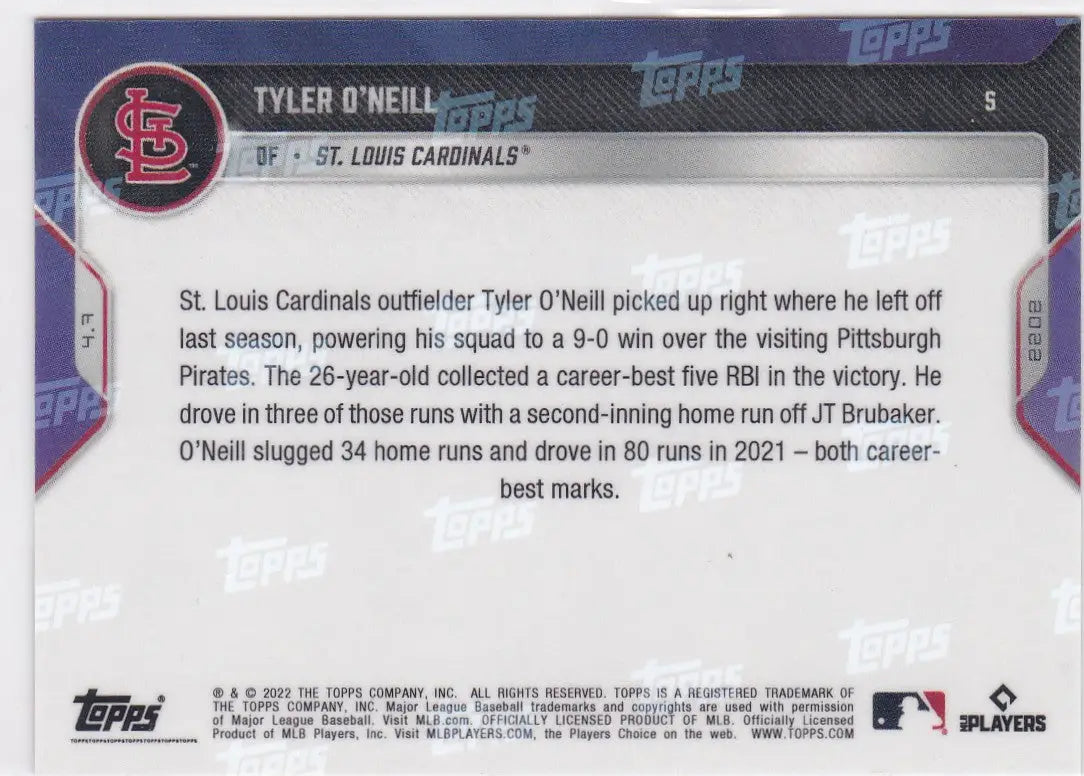 Tyler ONeill baseball card back featuring St Louis Cardinals team details and stats