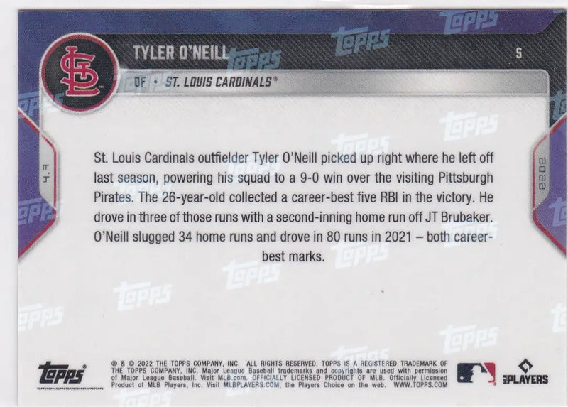 Tyler ONeill baseball card back featuring St Louis Cardinals team details and stats