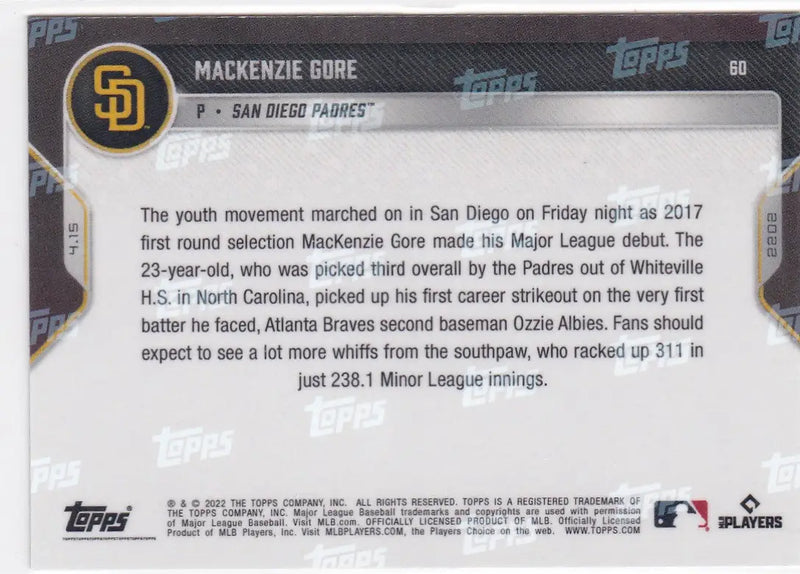 2022 TOPPS NOW #60 MACKENZIE GORE- SAN DIEGO PADRES