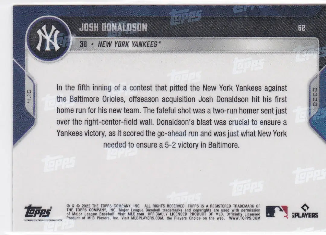 Josh Donaldson baseball card back featuring New York Yankees info from 2022 TOPPS NOW