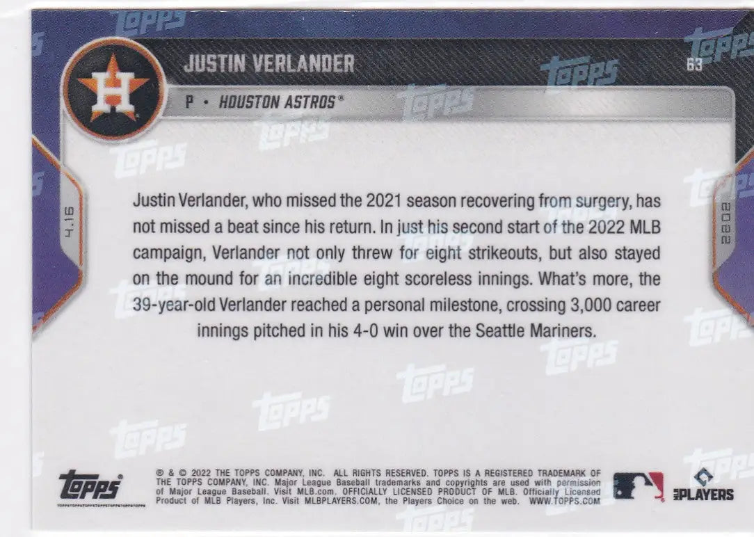 Justin Verlander Houston Astros baseball card from 2022 TOPPS NOW series