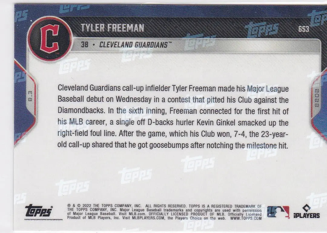 Back of Tyler Freeman Cleveland Guardians baseball card from 2022 TOPPS NOW #653