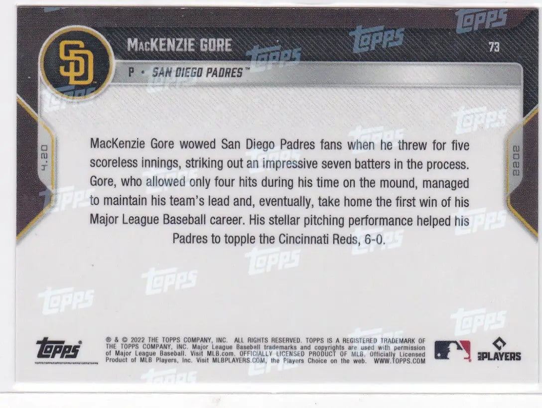 Baseball card back for 2022 TOPPS NOW number 73 MacKenzie Gore San Diego Padres